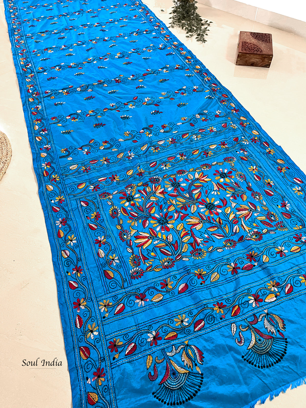 Shantiniketan Hand Embroidery Kantha Stitch Saree - Blue