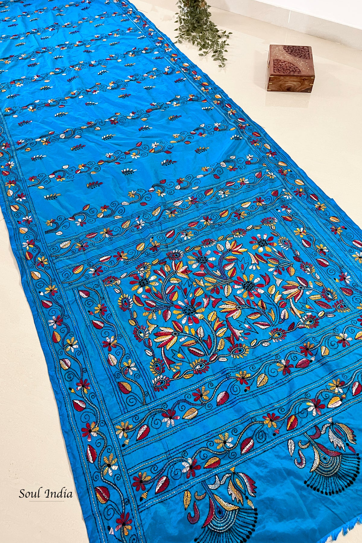 Shantiniketan Hand Embroidery Kantha Stitch Saree - Blue