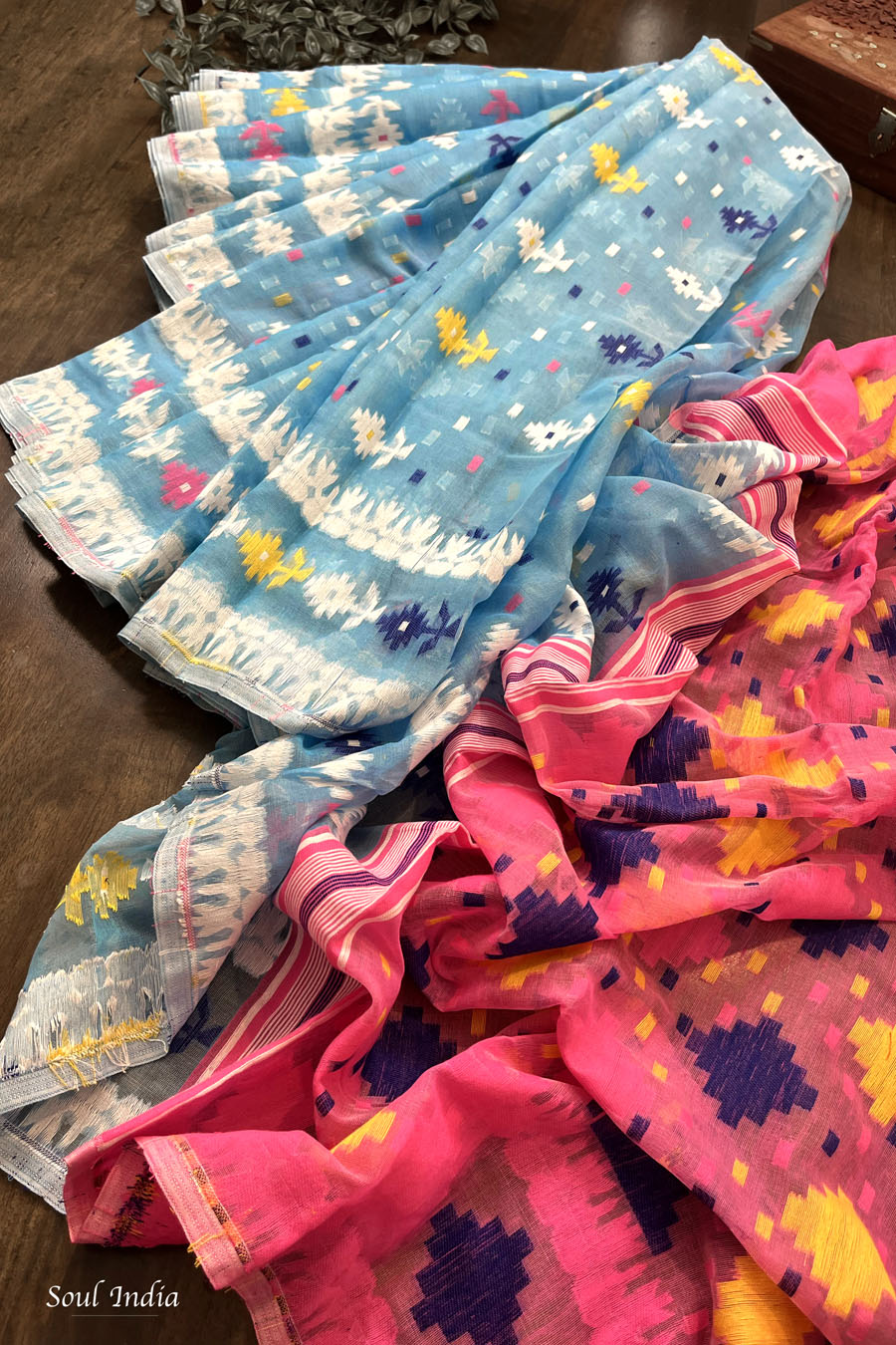 Jamdani sari with all over work and exquisite Pallu - Blue & Pink