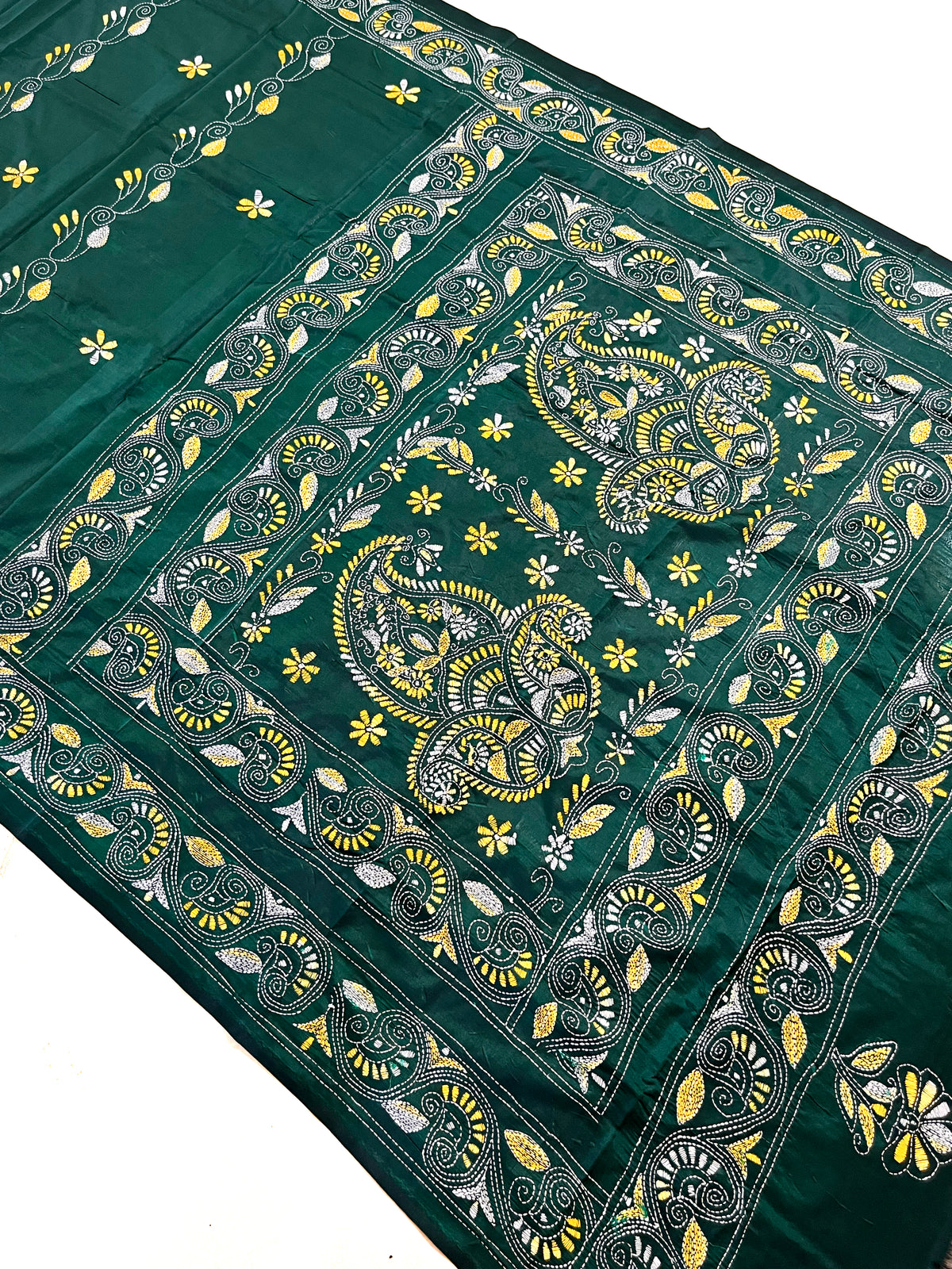 Shantiniketan Hand Embroidery Kantha Stitch Saree - Green