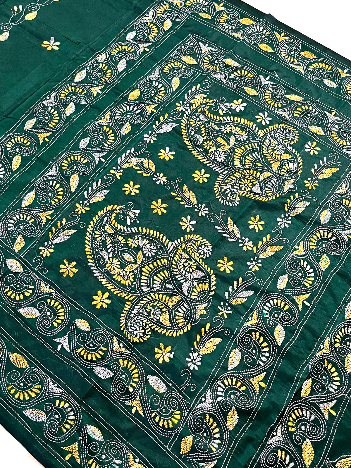 Shantiniketan Hand Embroidery Kantha Stitch Saree - Green