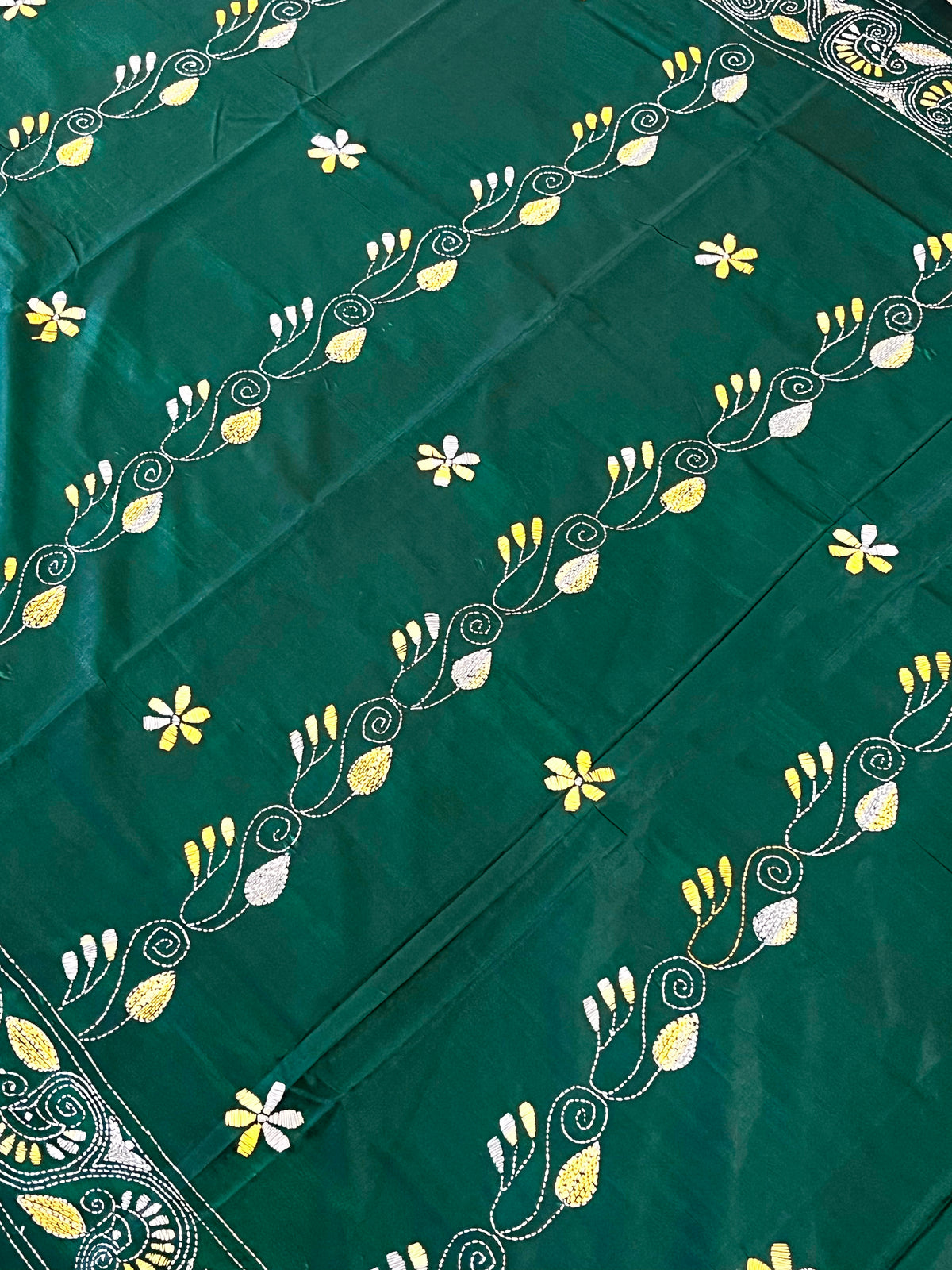 Shantiniketan Hand Embroidery Kantha Stitch Saree - Green