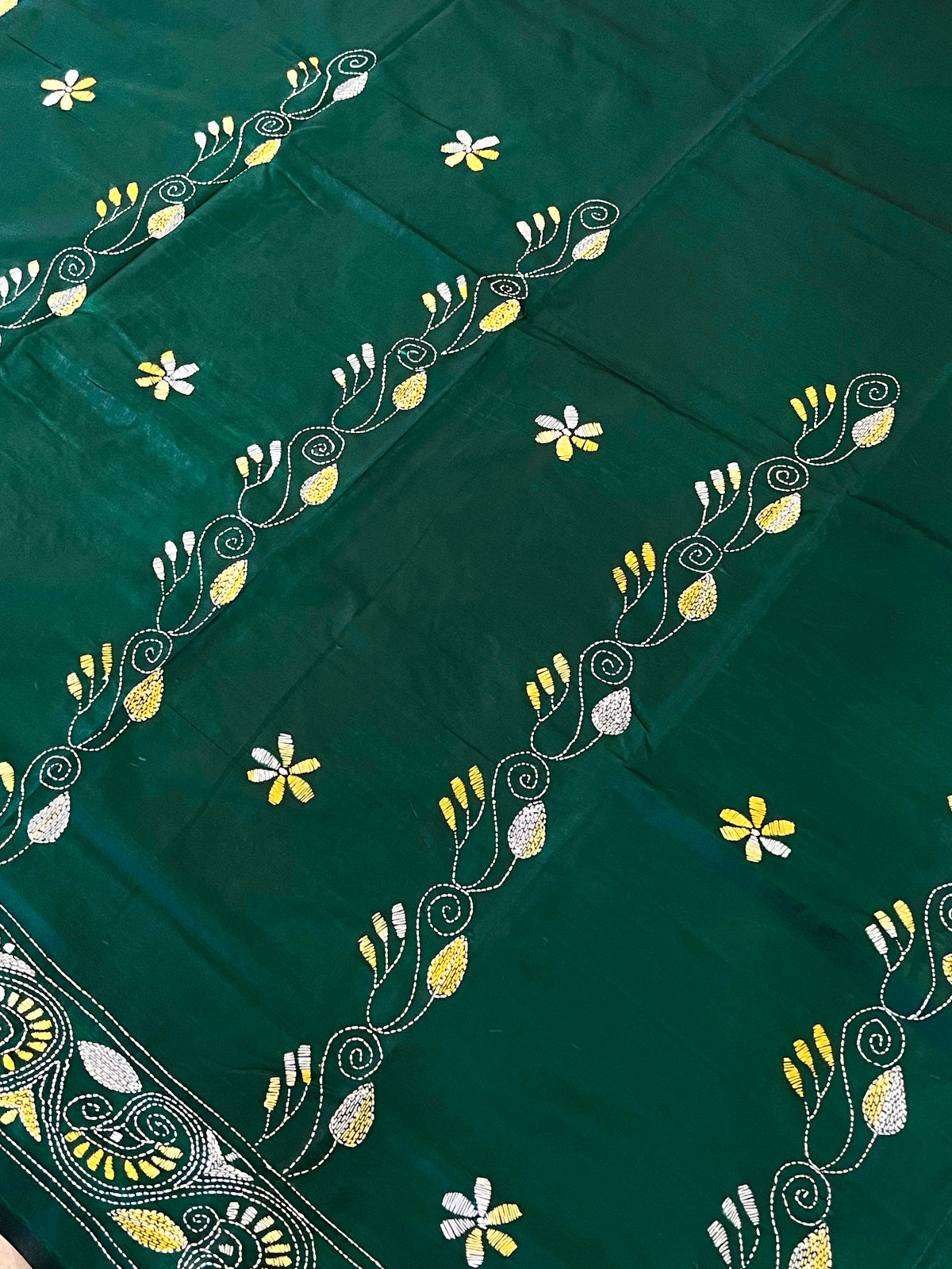 Shantiniketan Hand Embroidery Kantha Stitch Saree - Green