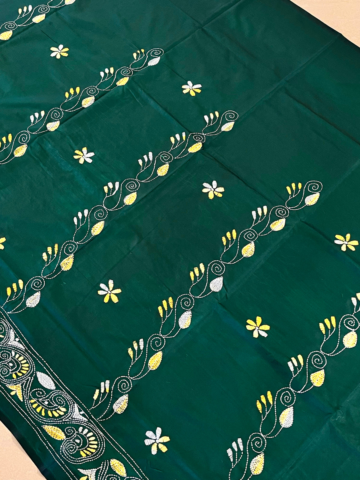 Shantiniketan Hand Embroidery Kantha Stitch Saree - Green