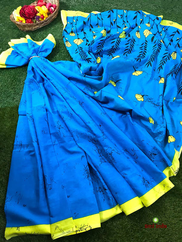 Blue Poppy - Mulmul Cotton Saree With Contrasting Blouse