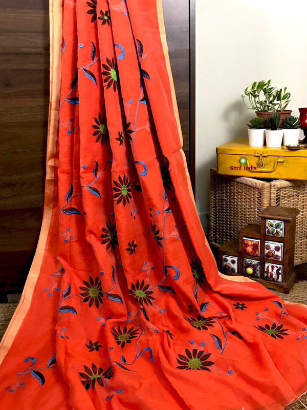 Half & Half Cotton Saree With Embroidery Work