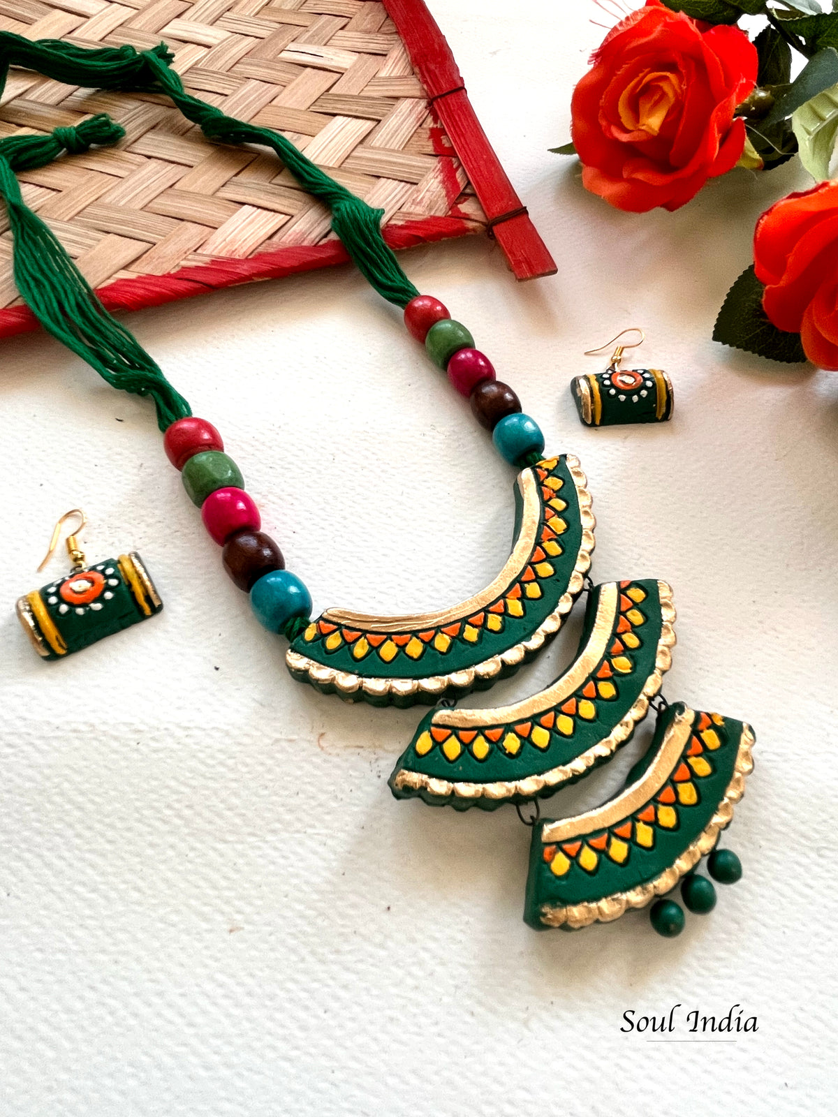 Handmade Cascade Style Terracotta Jewellery Set- Green