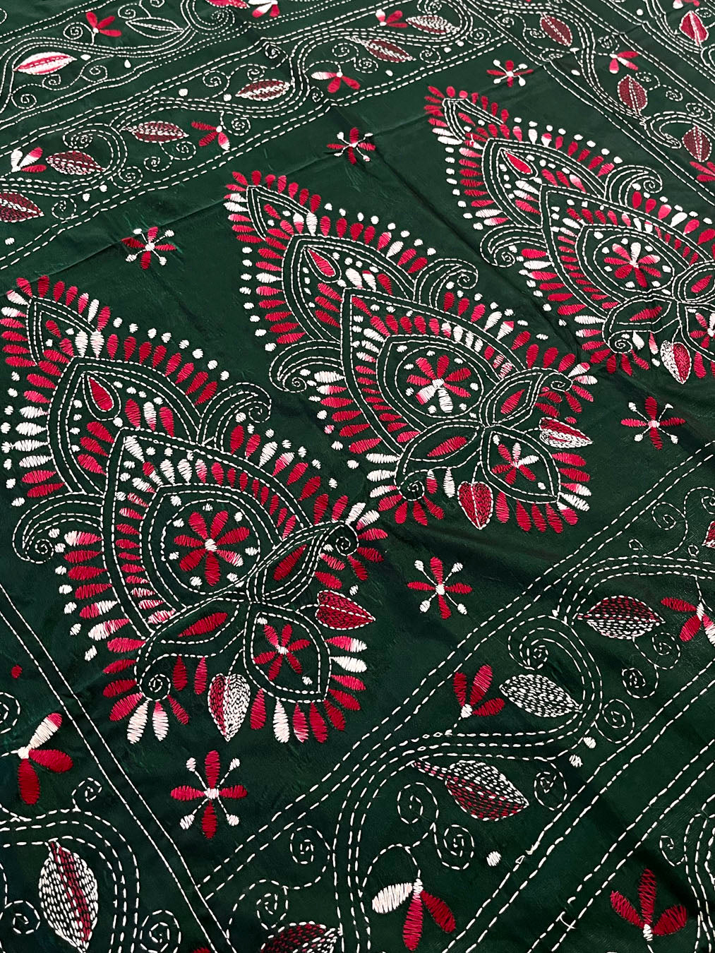 Shantiniketan Hand Embroidery Kantha Stitch Saree - Green