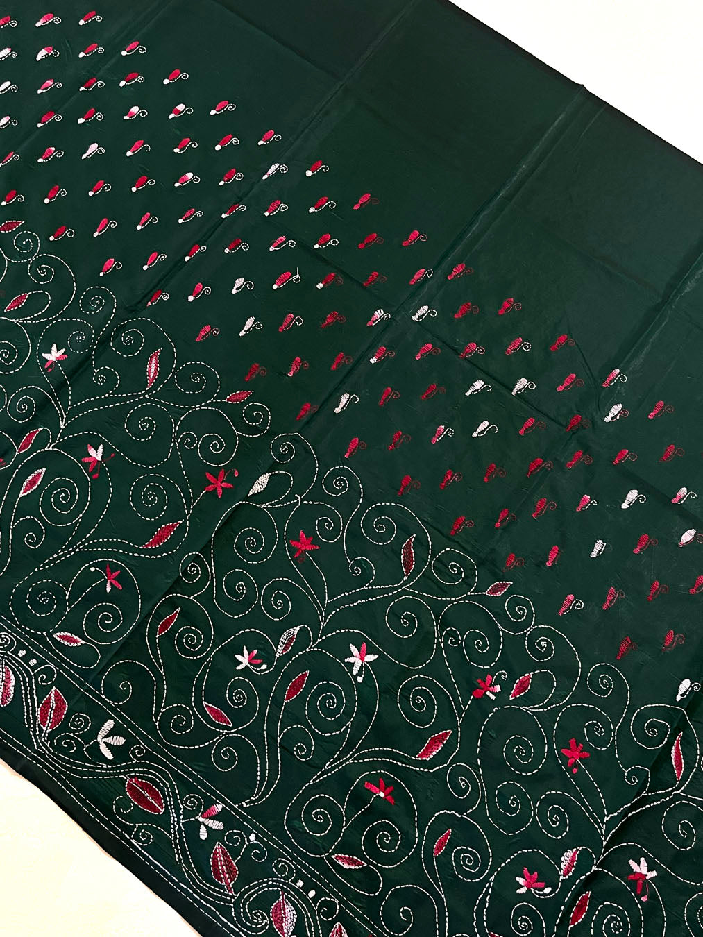 Shantiniketan Hand Embroidery Kantha Stitch Saree - Green