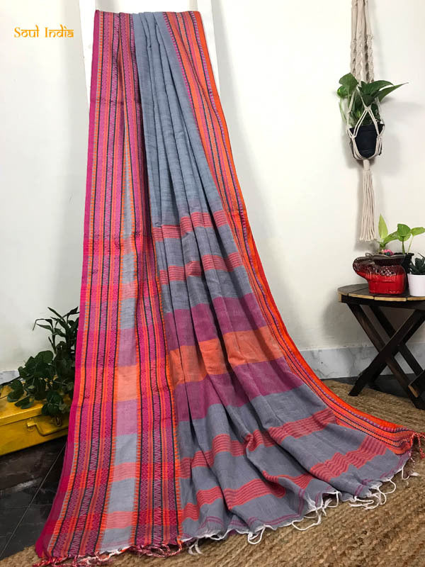 Cotton Begumpuri Handloom Saree - Grey, Pink & Orange