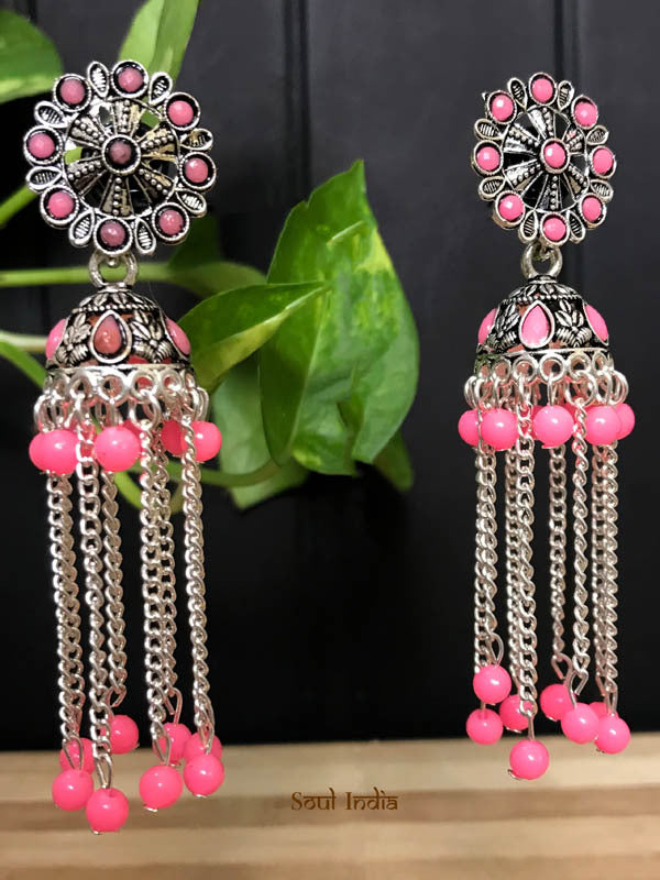 German Silver Jhumka With Beads Pink1