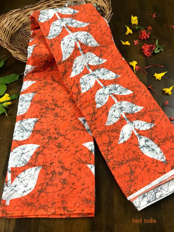 Pure Soft cotton Hand Block Print Saree - Orange