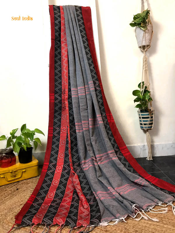 Cotton Begumpuri Handloom Saree - Grey & Red