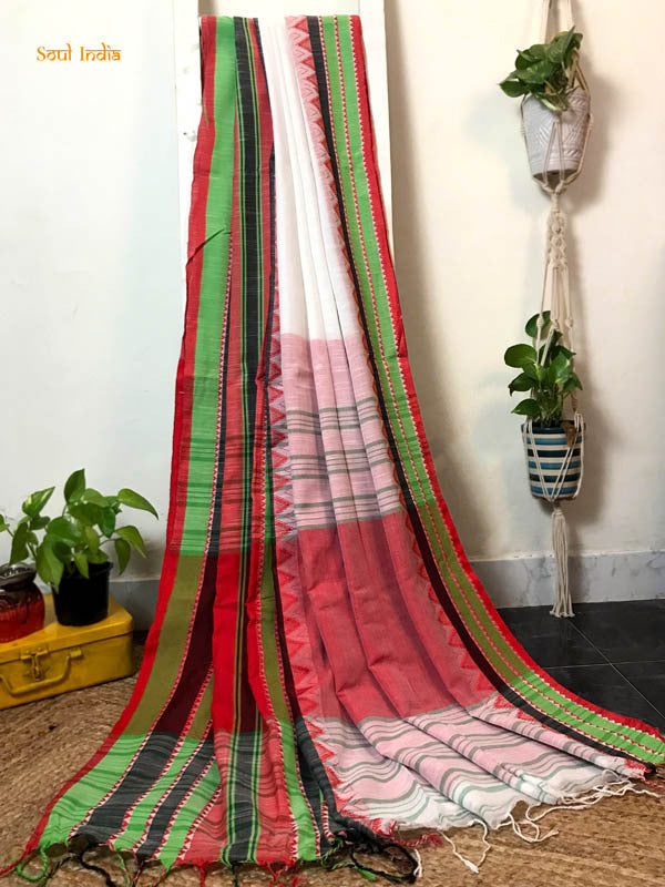Cotton Begumpuri Handloom Saree - White Red & Green