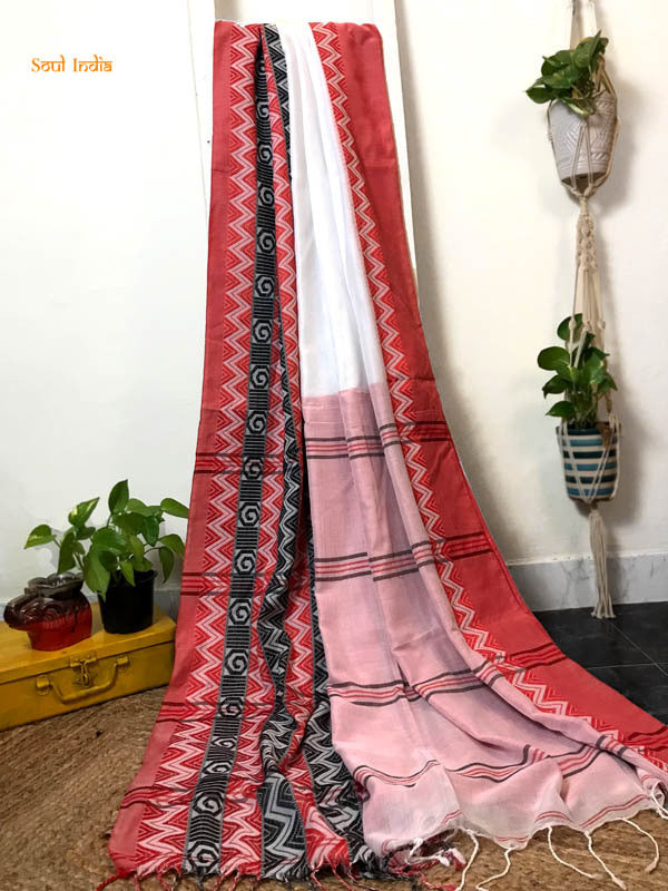 Cotton Begumpuri Handloom Saree - Red, White & Black