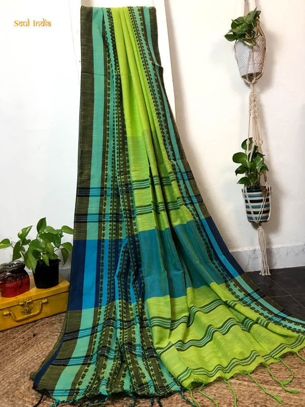 Cotton Begumpuri Handloom Saree - Light Green & Blue