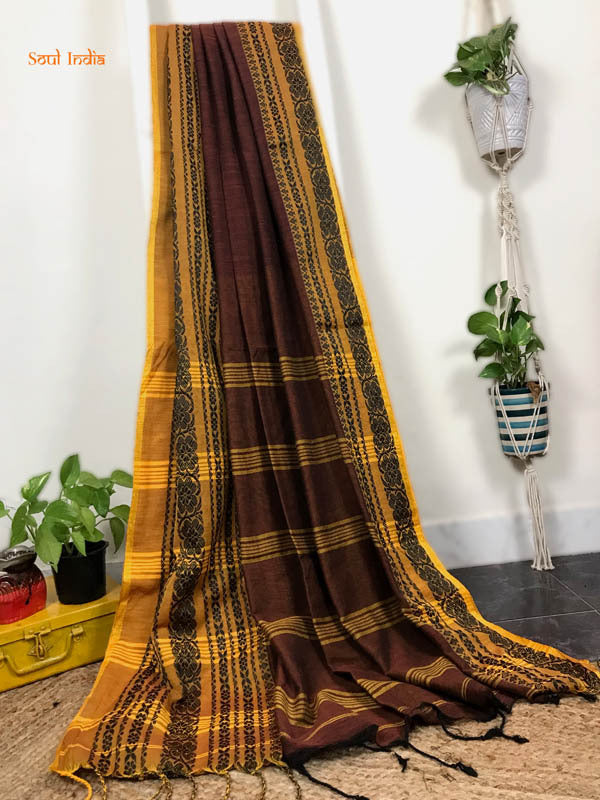 Cotton Begumpuri Handloom Saree - Brown & Yellow