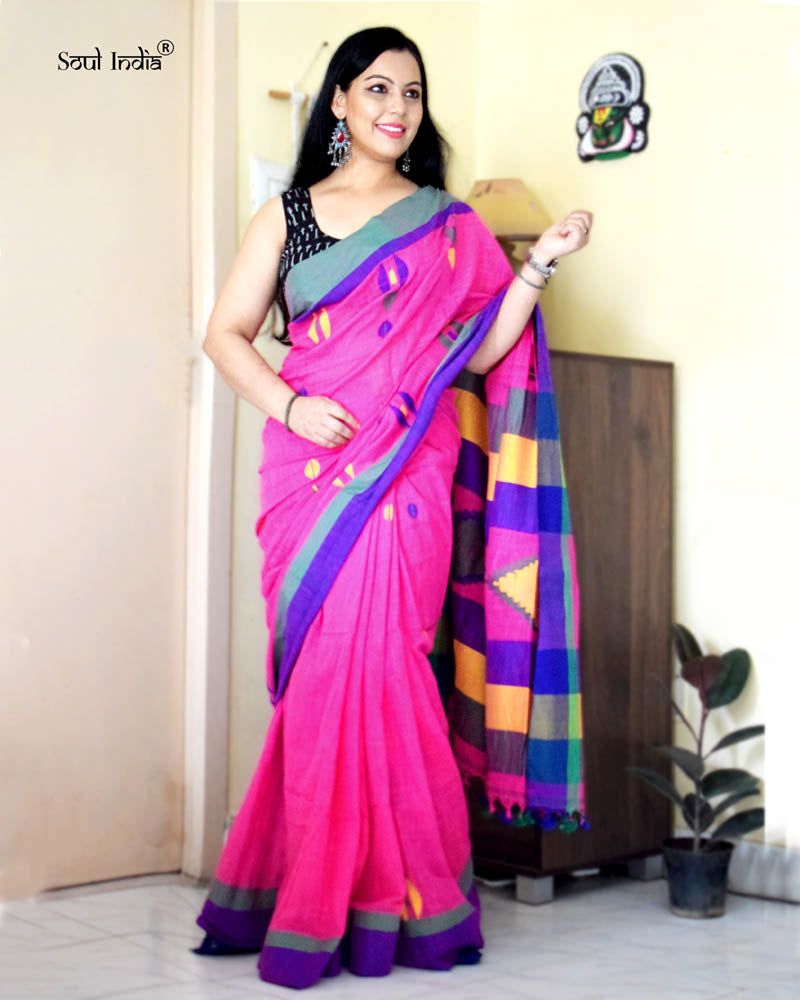 Handloom Khadi Cotton Saree With Woven Design -Pink