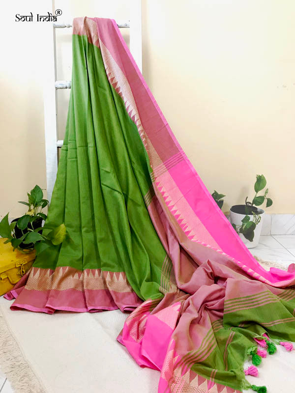 Handloom Khadi Cotton Saree With Woven Border- Green
