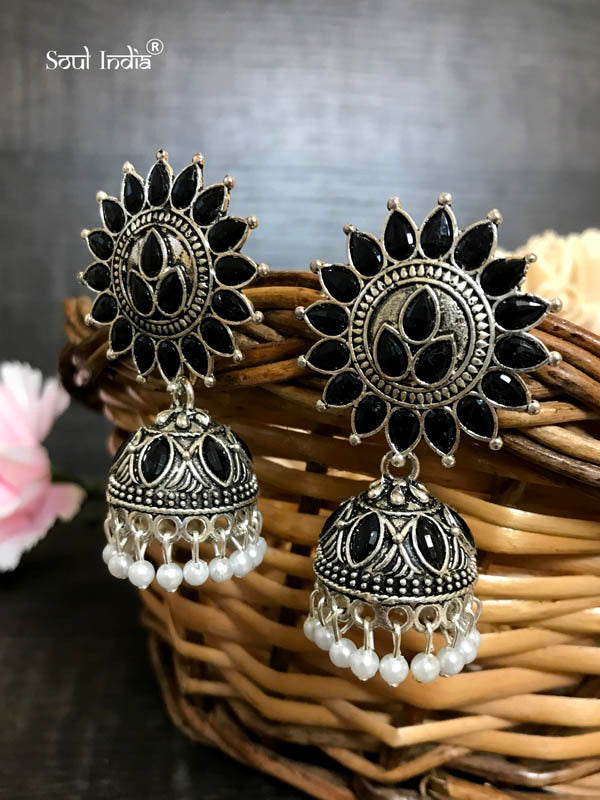 Beaded Metal Jhumka With Meenakari Design- Black – Soul India
