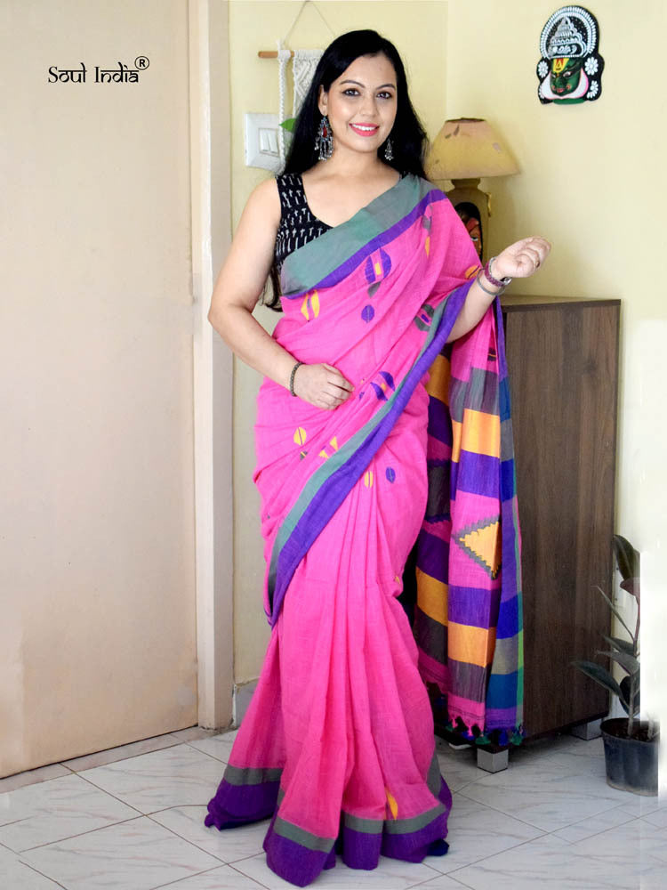 Handloom Khadi Cotton Saree With Woven Design Pink Soul India