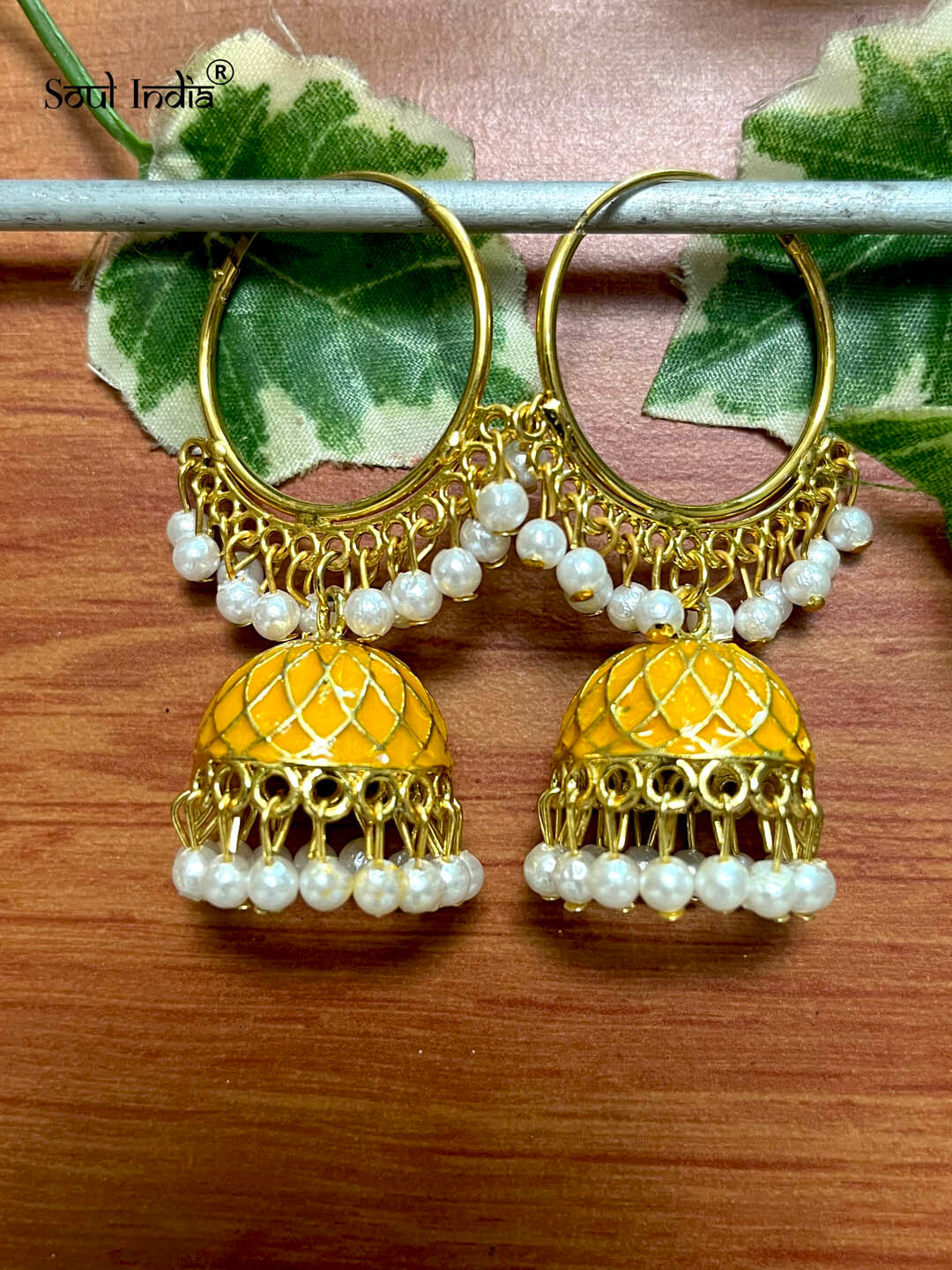 Meenakari Yellow Jhumkas Meenakari Beaded Loop Jhumka Earrings
