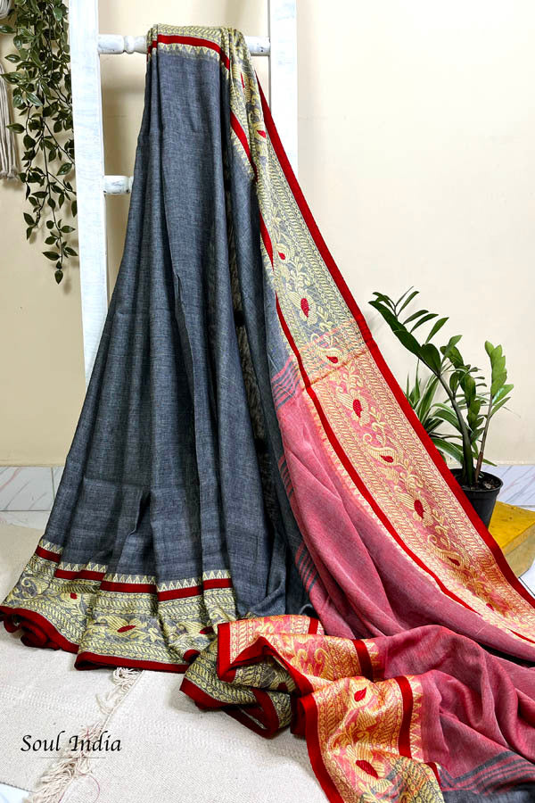 Meenakari Border Cotton Saree - Grey