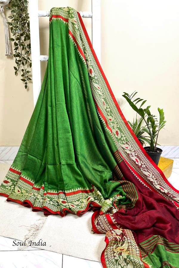 Meenakari Border Cotton Saree - Green