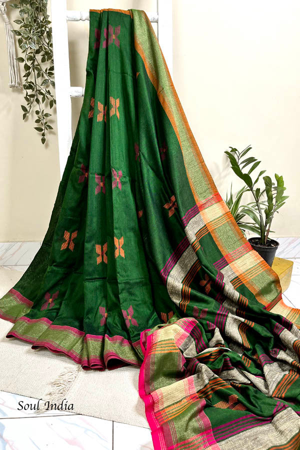 Tara - Handloom Cotton With Ghicha Work Pallu- Green