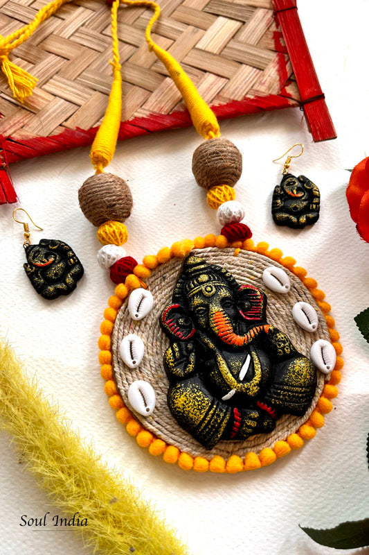 Handmade Terracotta Durga Terracotta Jewellery Set- Yellow Slate