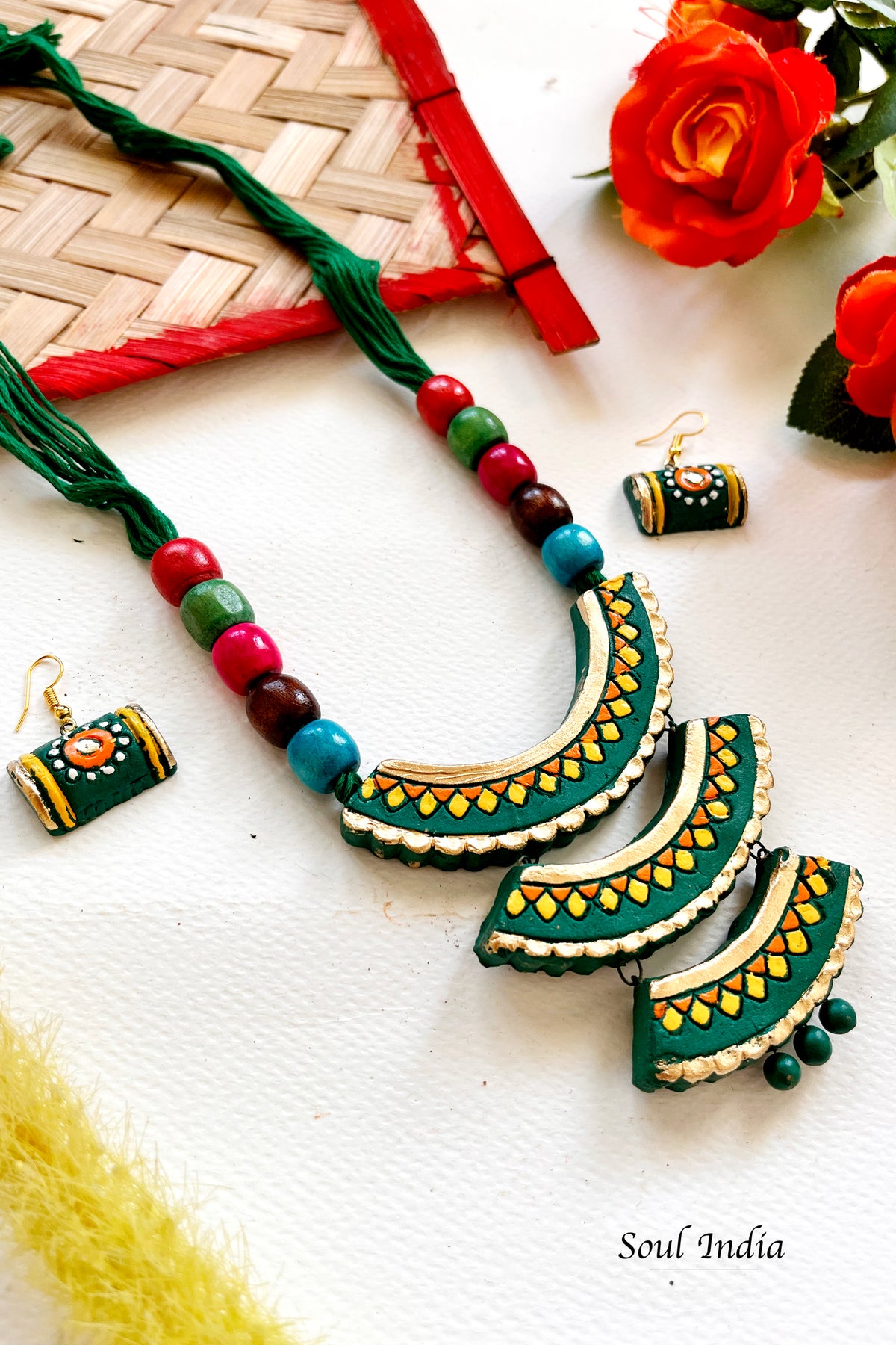 Handmade Cascade Style Terracotta Jewellery Set- Green