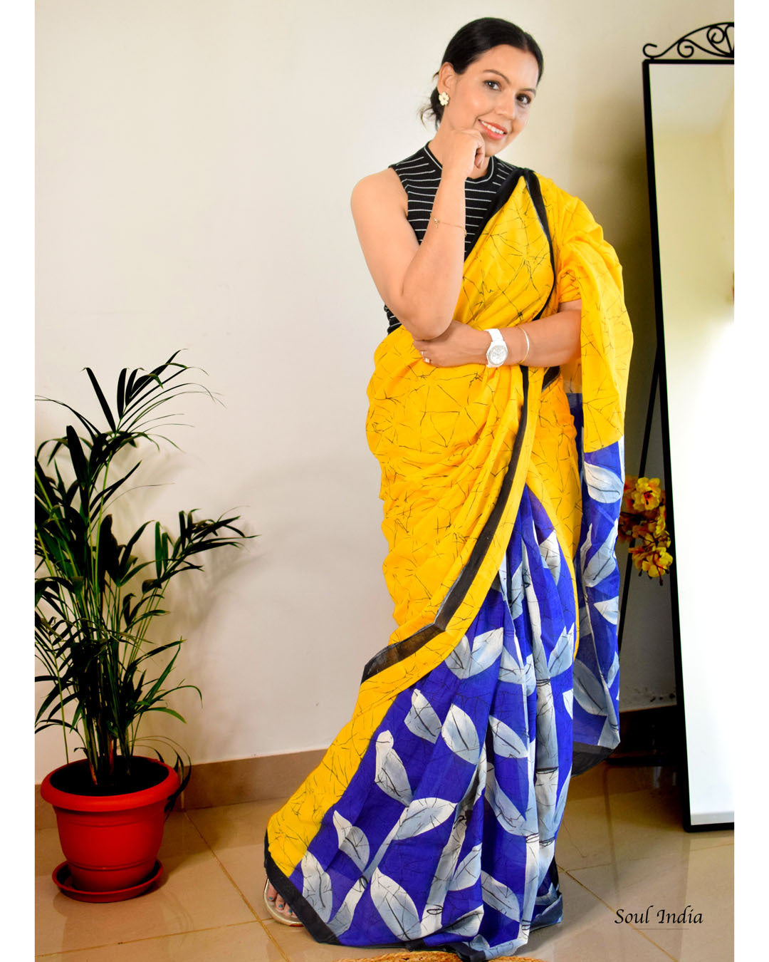 Mulmul Cotton  Batik Print Saree - Yellow