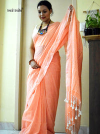 Handloom Mulmul Cotton Saree With Woven Design- Orange