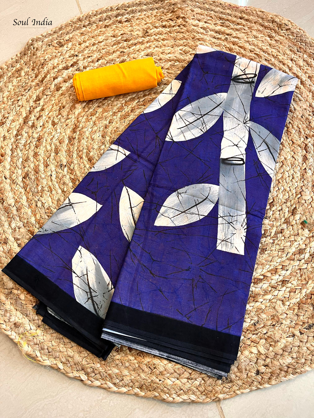 Mulmul Cotton  Batik Print Saree - Yellow