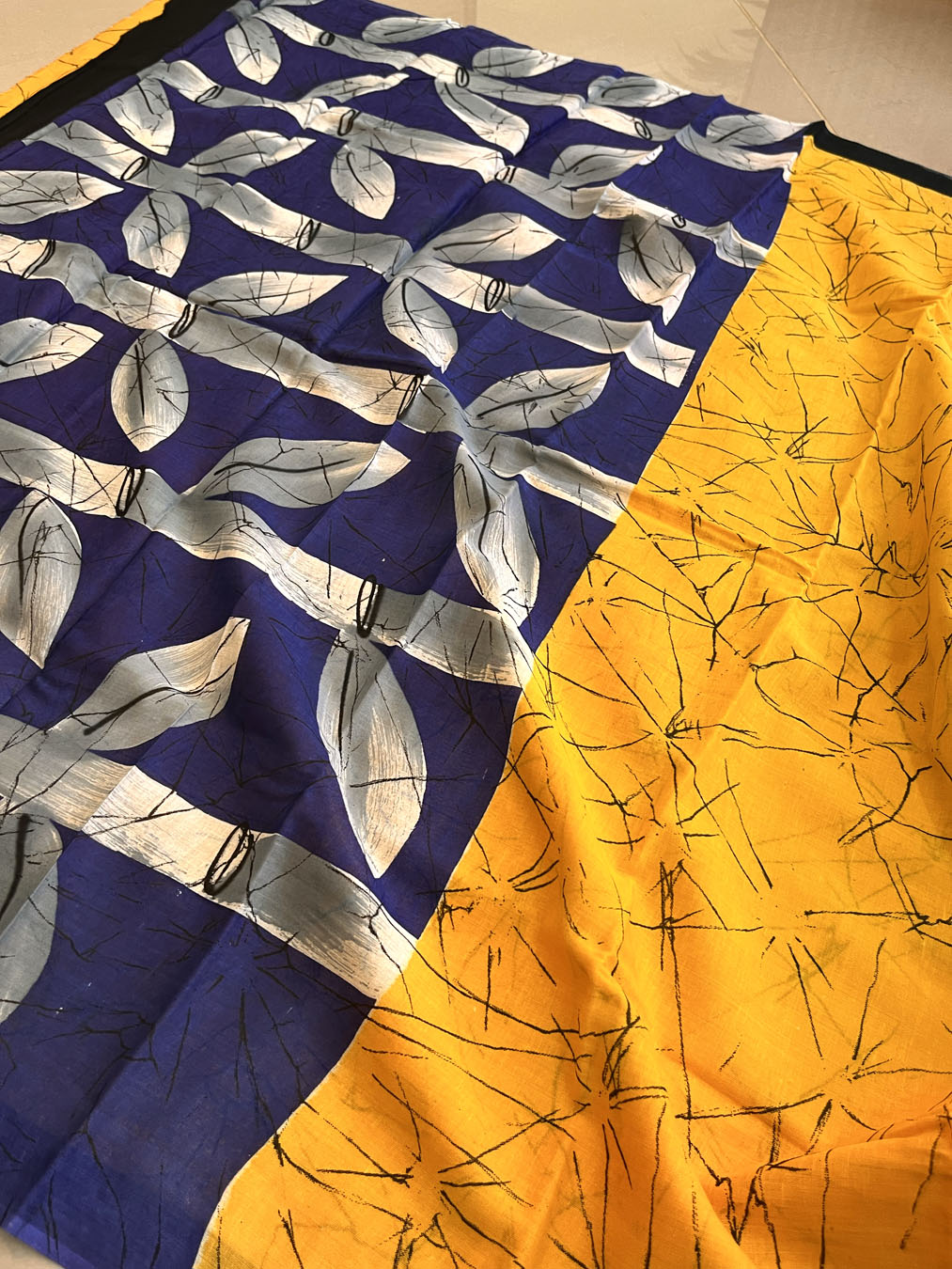 Mulmul Cotton  Batik Print Saree - Yellow