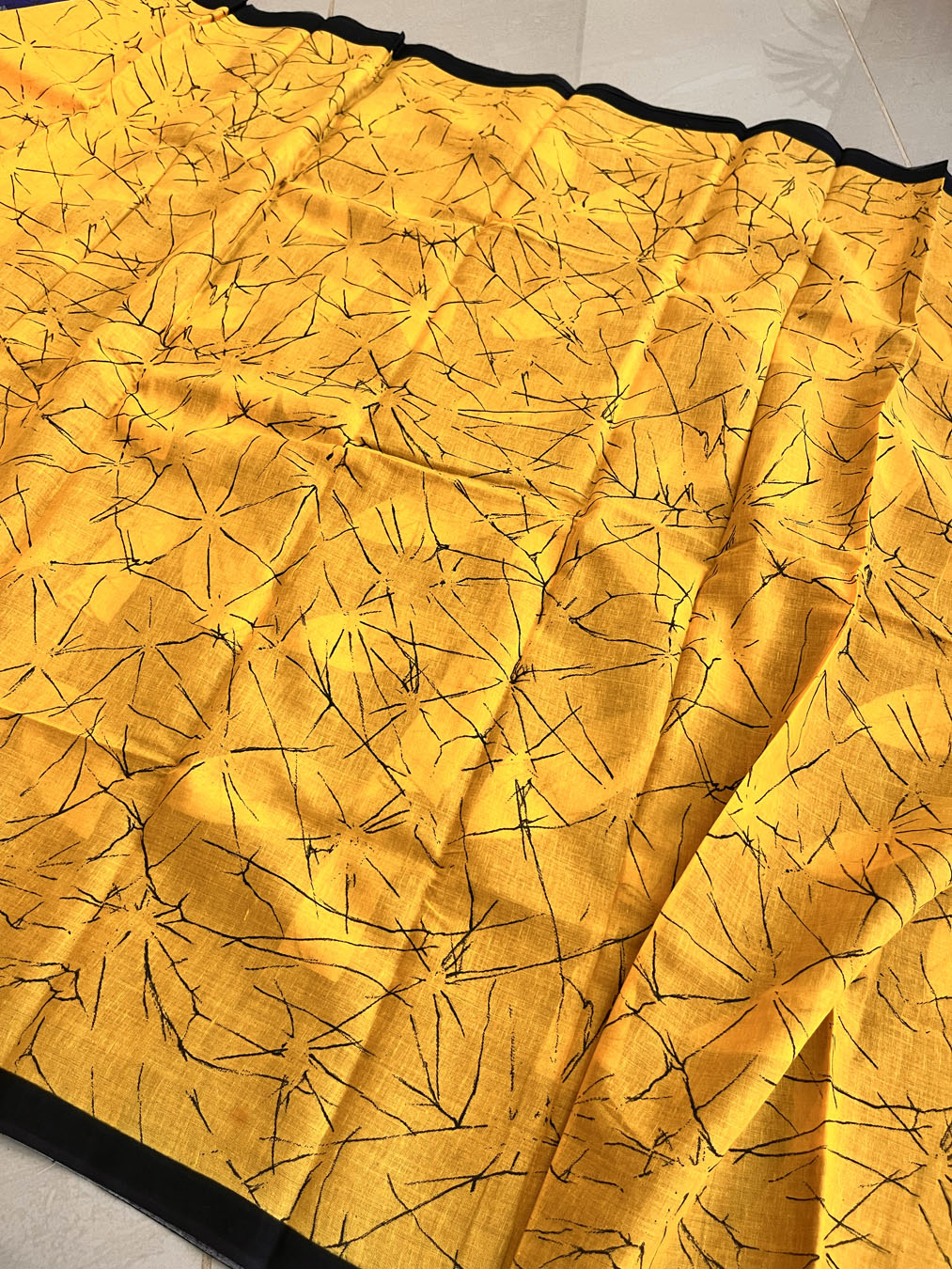 Mulmul Cotton  Batik Print Saree - Yellow