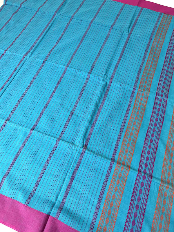 Neel Akash - Handloom Mercerised Cotton Saree With Manipuri Weave -Blue