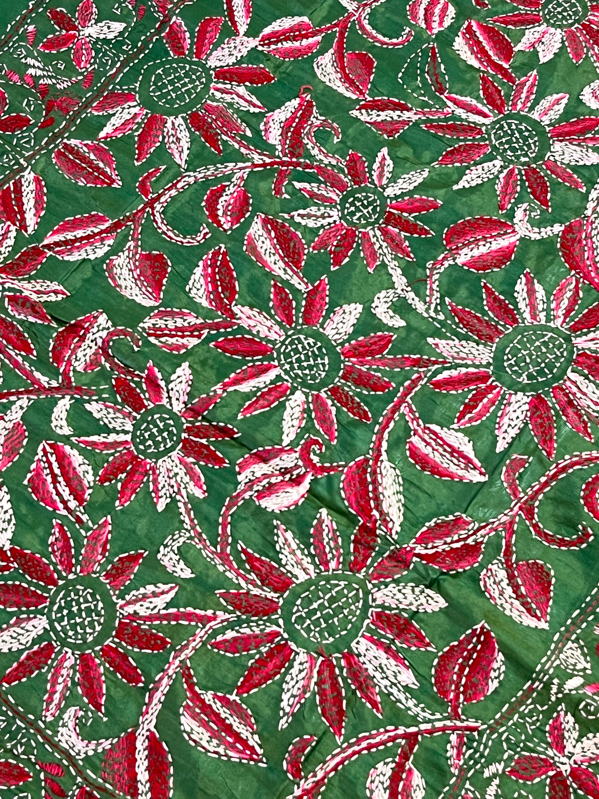 Shantiniketan Hand Embroidery Kantha Stitch Saree - Green