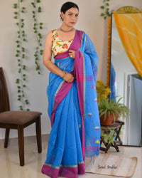 Ambar - Cotton Saree With Woven Design - Blue