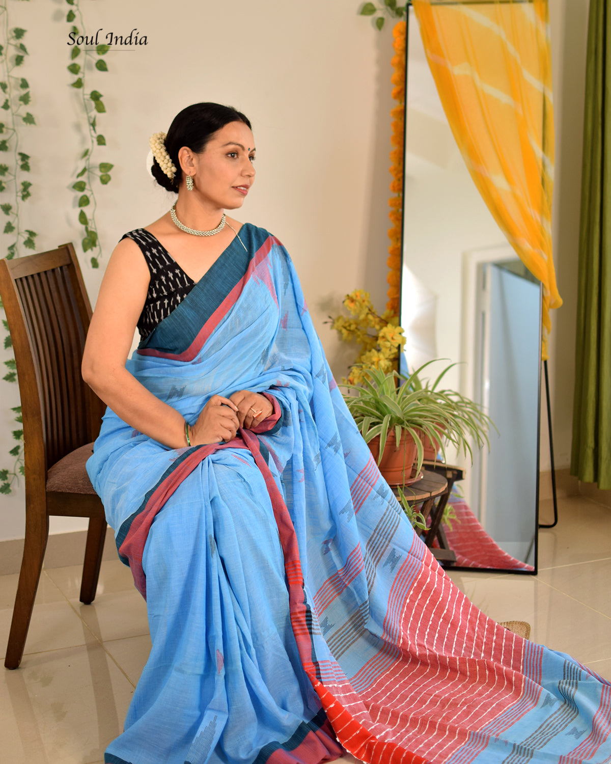 Handloom Khadi Cotton Saree With Woven Design Blue Soul India