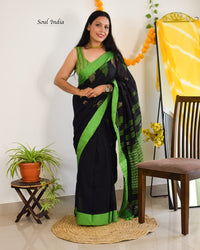 Handloom Khadi Cotton Saree With Woven Design - Black