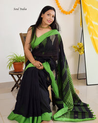 Handloom Khadi Cotton Saree With Woven Design - Black