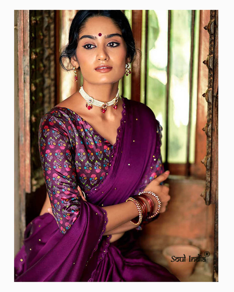 Chiffon Crystal Embellished Saree With Lace - Purple