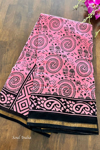 Chanderi Cotton Silk  Warli  Print Saree - Pink