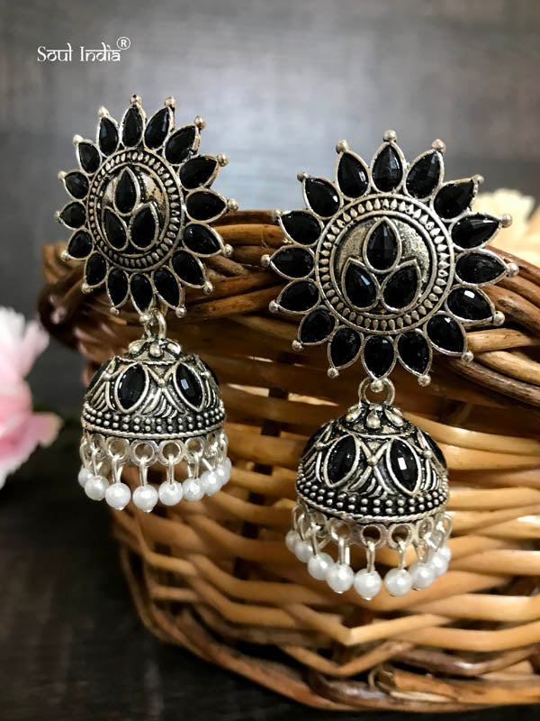 Beaded Metal Jhumka With Meenakari Design- Black