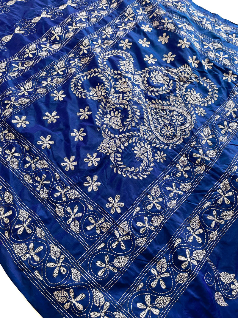 Shantiniketan Hand Embroidery Kantha Stitch Saree - Blue