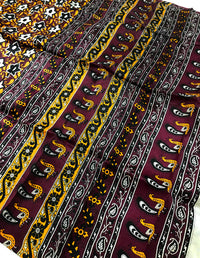 Authentic Bengal Pure Silk Ajrakh print Saree-Brown