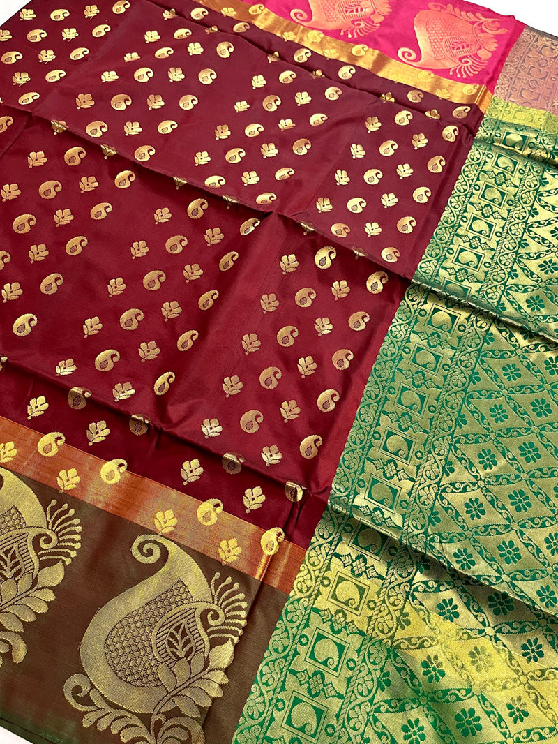 Banarasi Silk Saree With Woven Motifs - Maroon