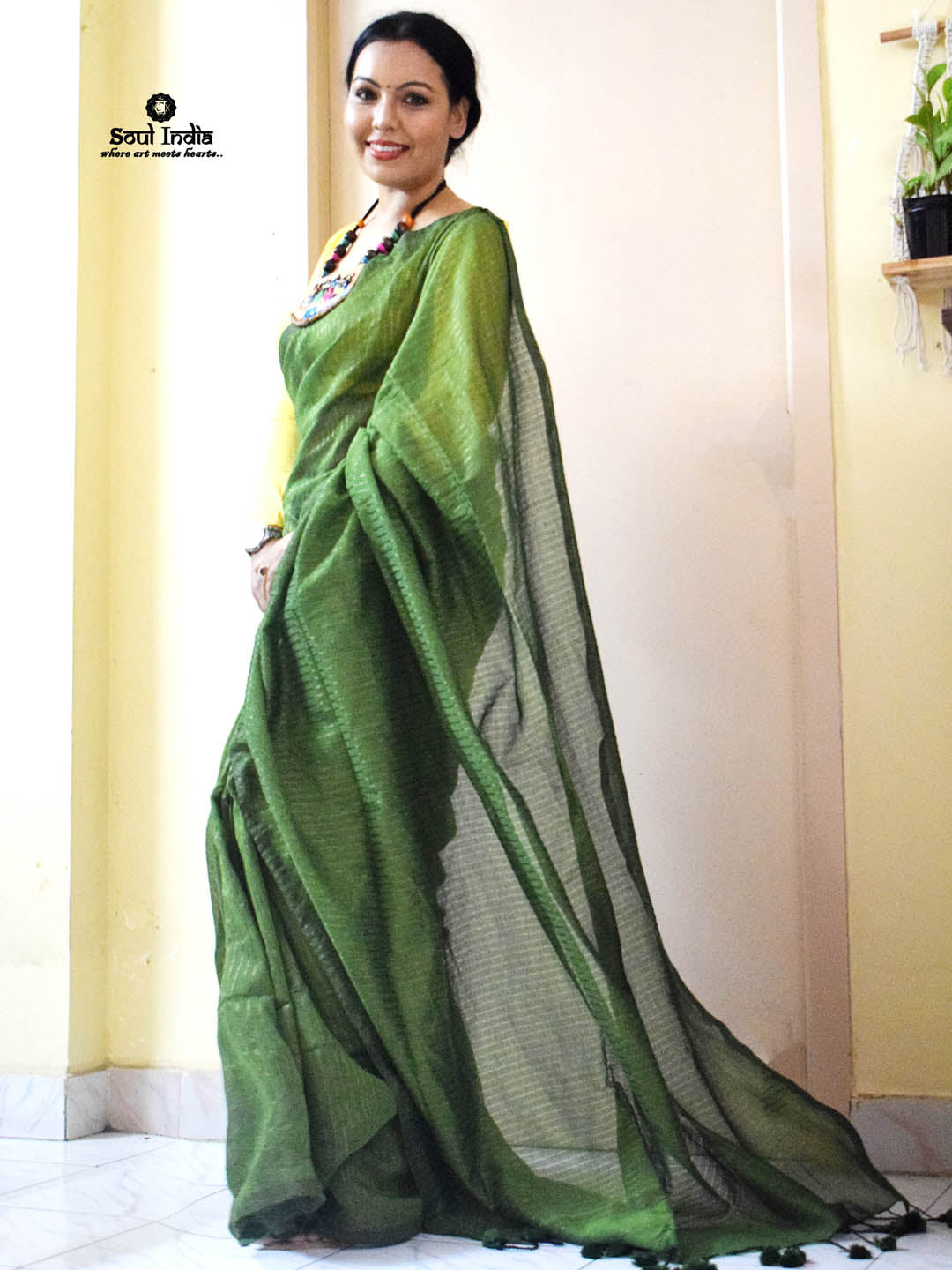 Handloom Mulmul Cotton Saree With Woven Design- Green