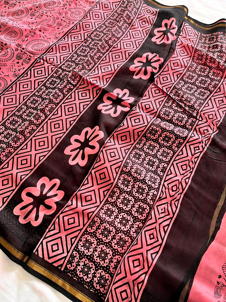 Chanderi Cotton Silk  Warli  Print Saree - Pink